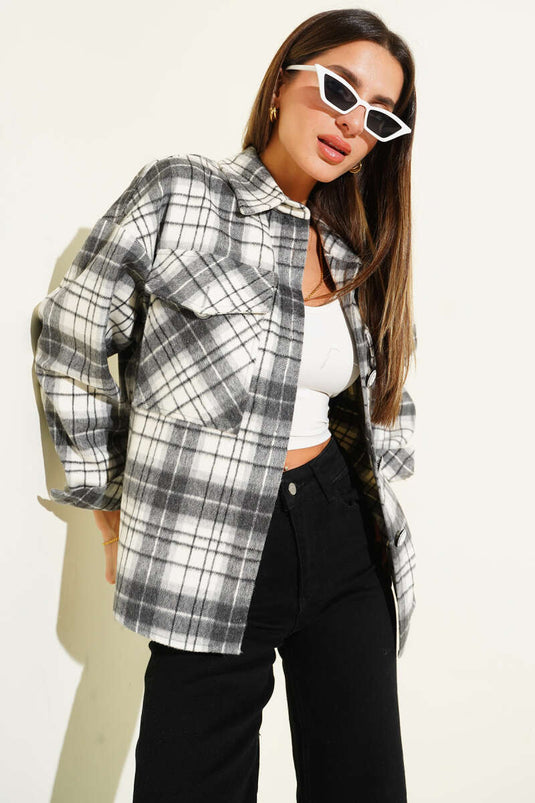 Grey Plaid Pocketed Cashmere Jacket