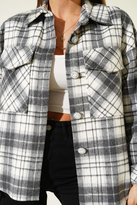 Grey Plaid Pocketed Cashmere Jacket