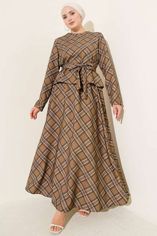 Set with Plaid Pattern Skirt and Blouse Latte