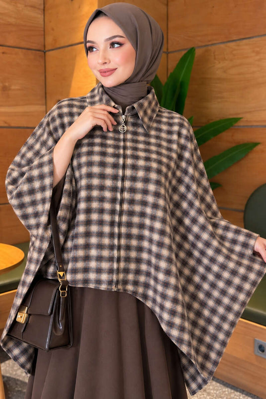 Beige Checked Zipper Detail Cape