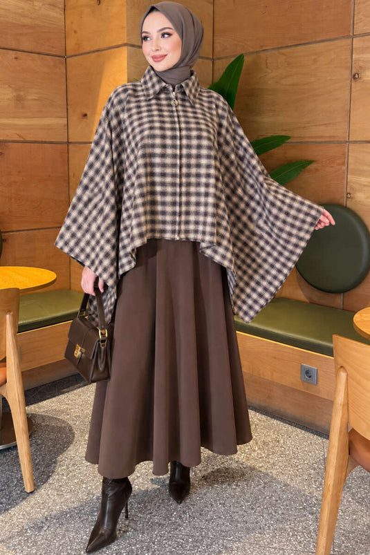 Beige Checked Zipper Detail Cape