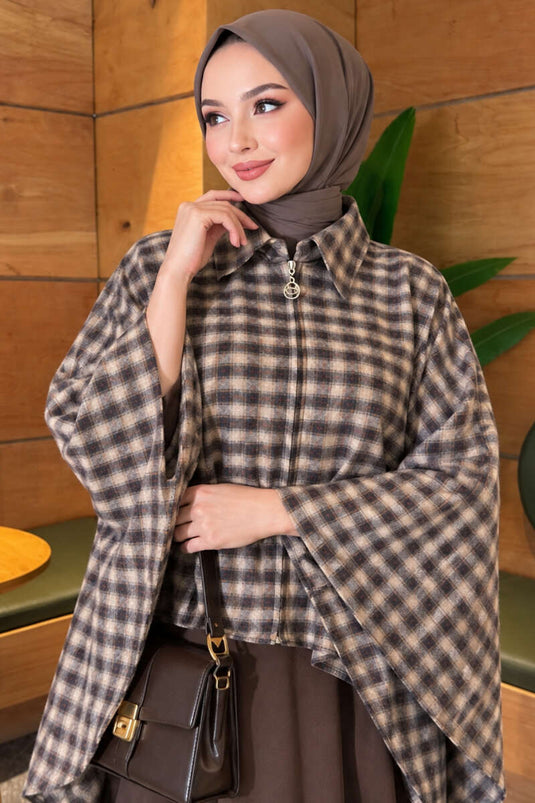 Beige Checked Zipper Detail Cape