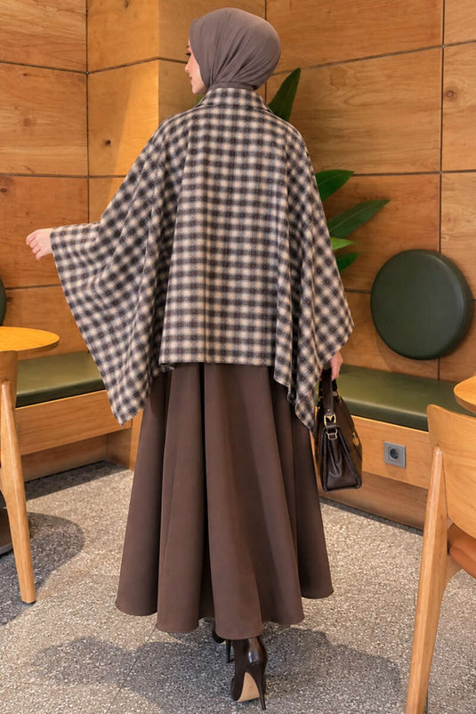 Beige Checked Zipper Detail Cape