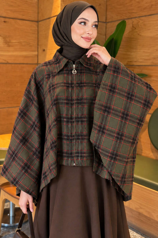 Houndstooth Zipper Detail Cape In Khaki