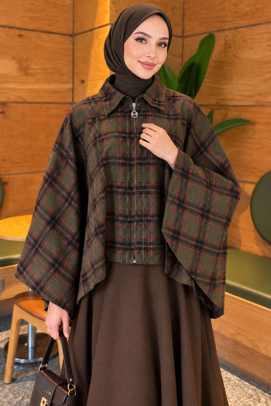 Houndstooth Zipper Detail Cape In Khaki