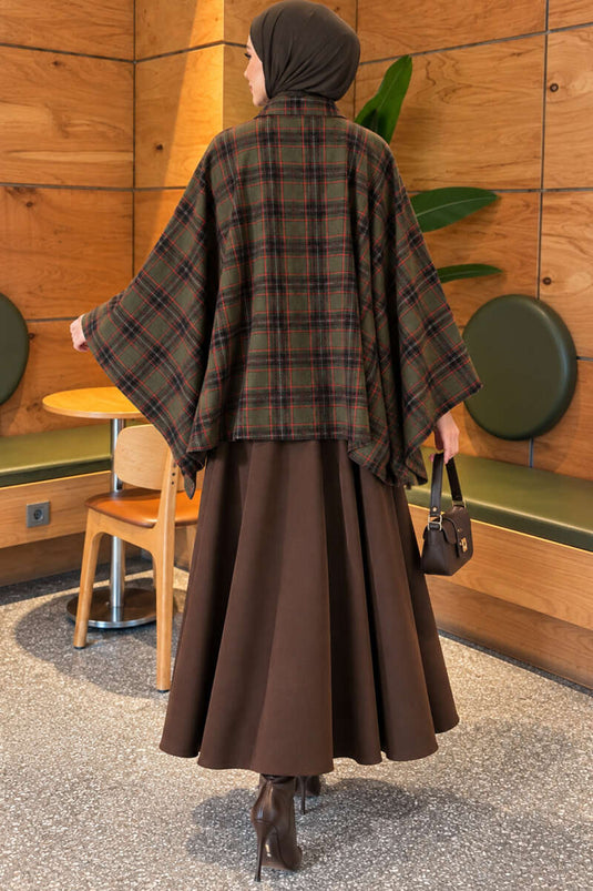 Houndstooth Zipper Detail Cape In Khaki