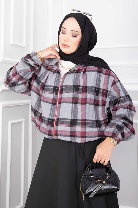 Giacca Bomber A Quadri Con Zip Grigia