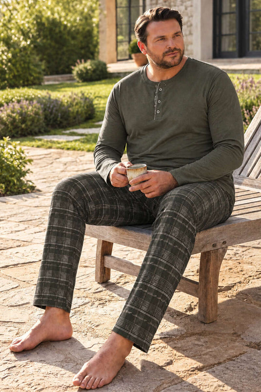 Groot Maat Heren Pyjama Set Met Ruitpatroon In Khaki