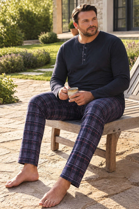 Conjunto De Pijama Masculino De Tamaño Grande A Cuadros En Interlock Azul Marino