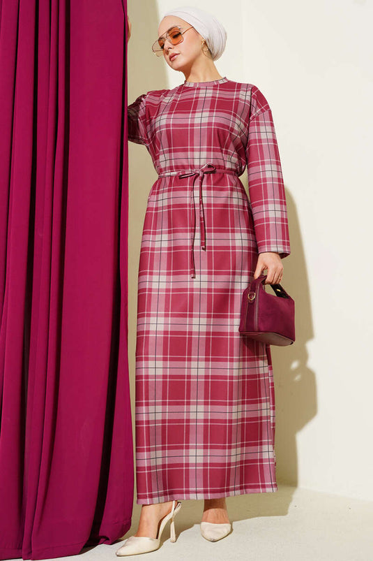 Ekoseli İp Kuşaklı Elbise Bordo