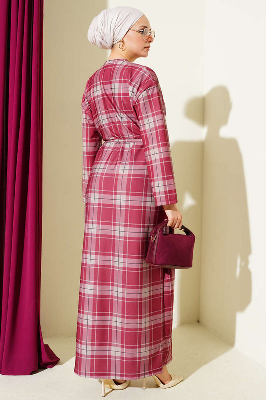 Ekoseli İp Kuşaklı Elbise Bordo