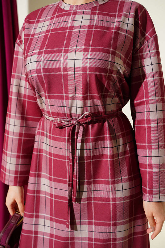 Ekoseli İp Kuşaklı Elbise Bordo