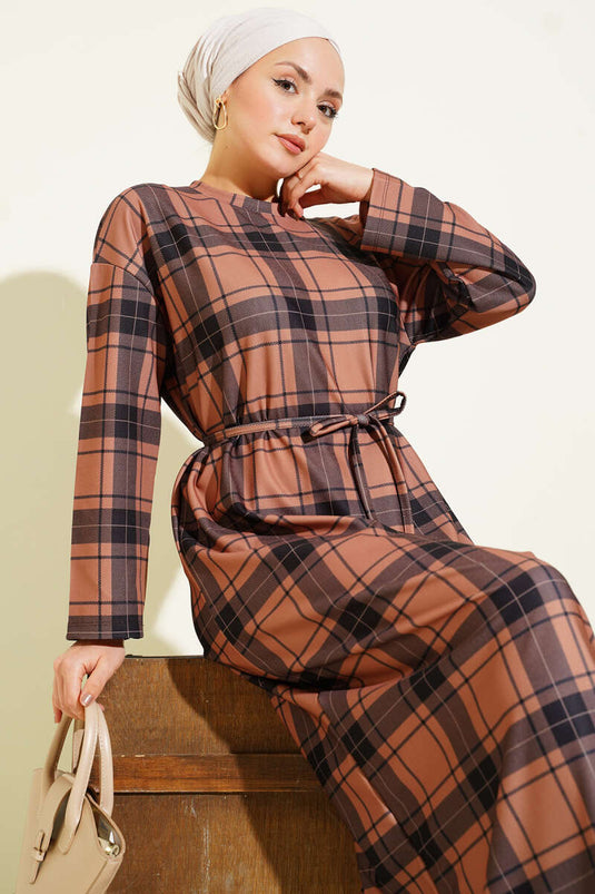 Ekoseli İp Kuşaklı Elbise Latte