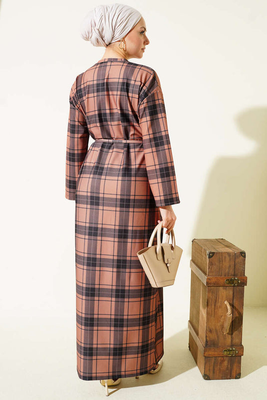 Ekoseli İp Kuşaklı Elbise Latte