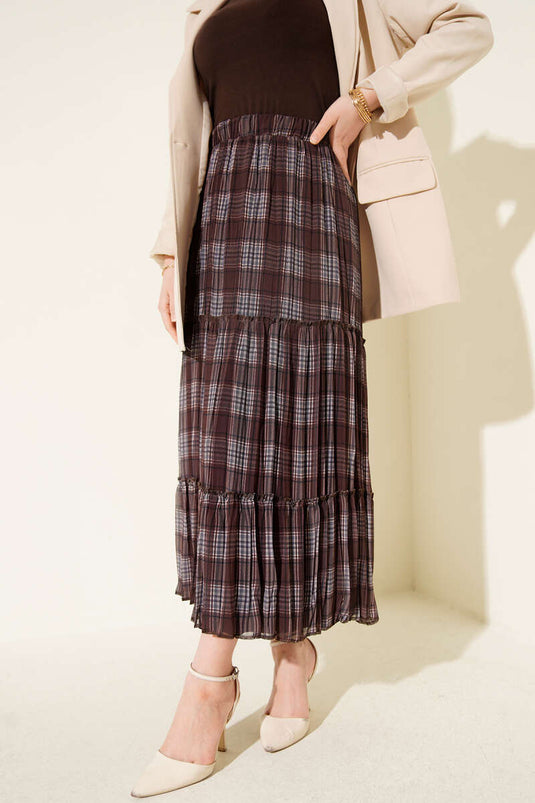 Layered Checkered Chiffon Skirt Brown