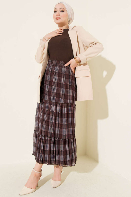 Layered Checkered Chiffon Skirt Brown