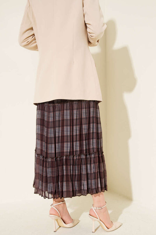 Layered Checkered Chiffon Skirt Brown