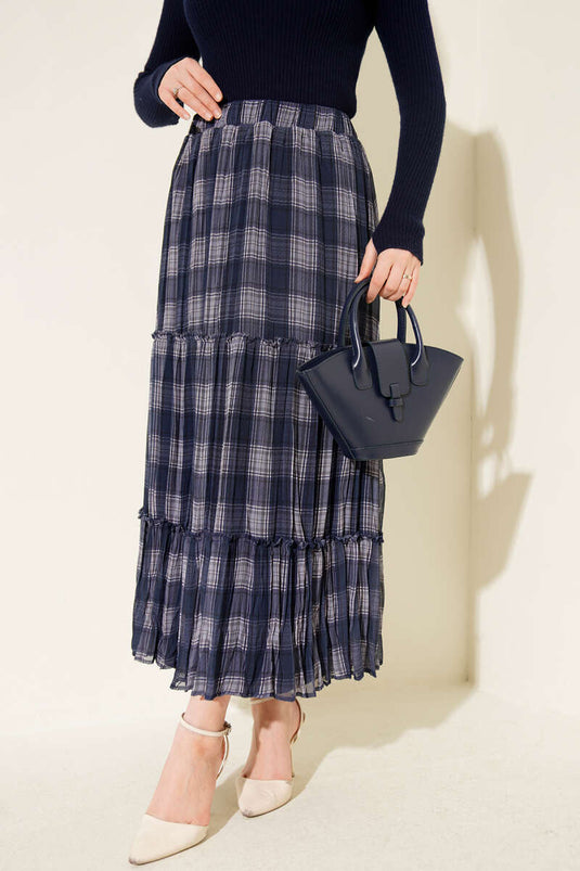 Layered Checked Chiffon Skirt Navy Blue