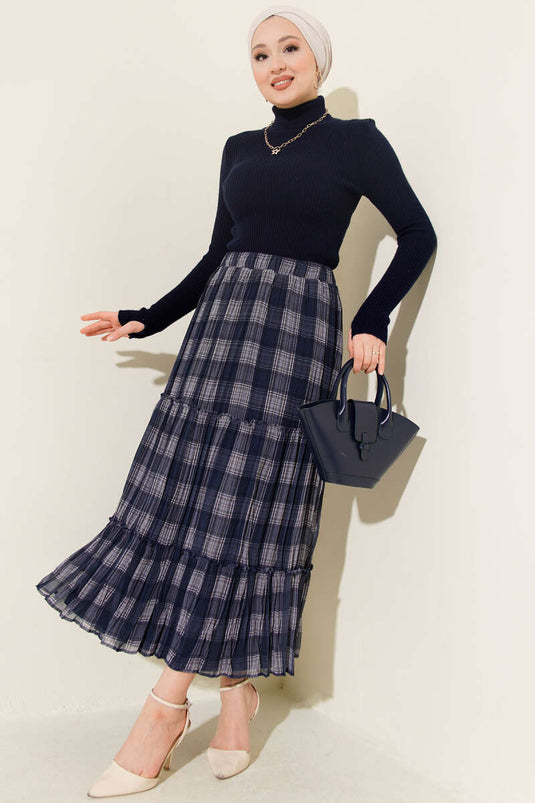 Layered Checked Chiffon Skirt Navy Blue
