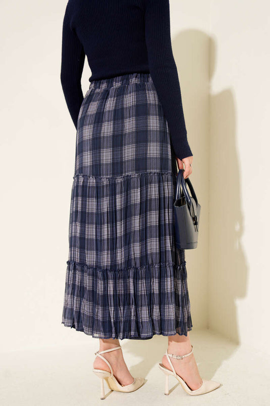 Layered Checked Chiffon Skirt Navy Blue