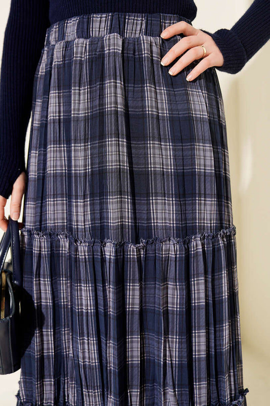 Layered Checked Chiffon Skirt Navy Blue