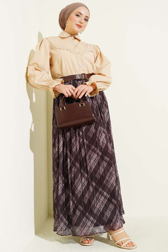 Ekoseli Kemerli Tül Kloş Etek Kahve