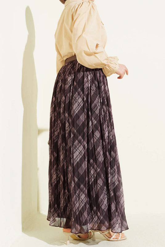 Ekoseli Kemerli Tül Kloş Etek Kahve