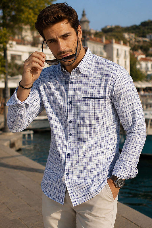 Ekoseli Slim Fit Erkek Gömlek Beyaz