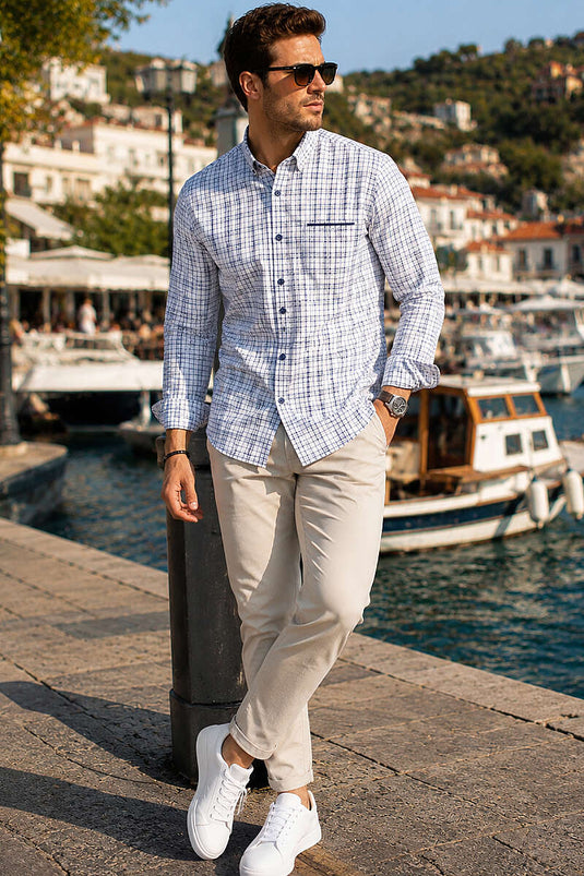 Ekoseli Slim Fit Erkek Gömlek Beyaz