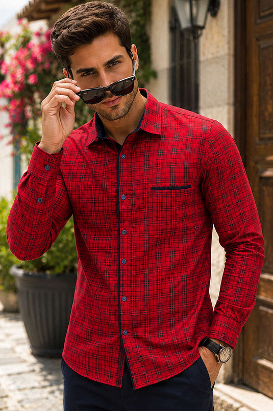 Ekoseli Slim Fit Erkek Gömlek Kırmızı