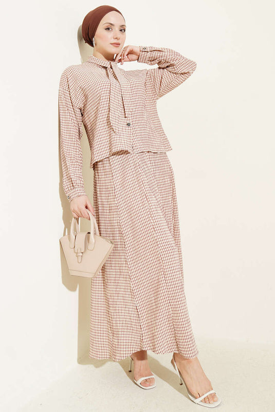 Checked Collar Tie-Waist Skirt Set Beige