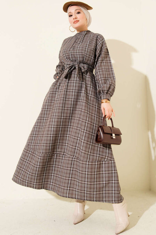 فستان بأزرار وياقة إيكوسيلي رمادي داكن