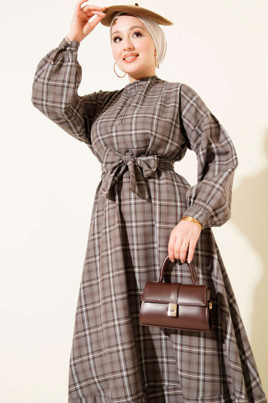 فستان بأزرار وياقة إيكوسيلي رمادي داكن