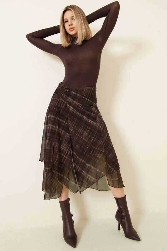 تنورة شيفون متوسطة الطول بفتحة جانبية إيكوسيلي بني