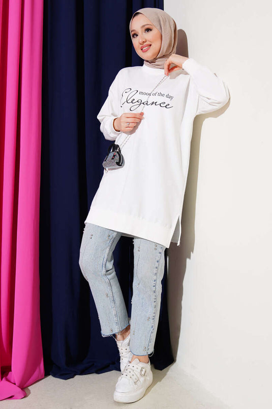 تونيك أنيق مطبوع بخيطين باللون الأبيض