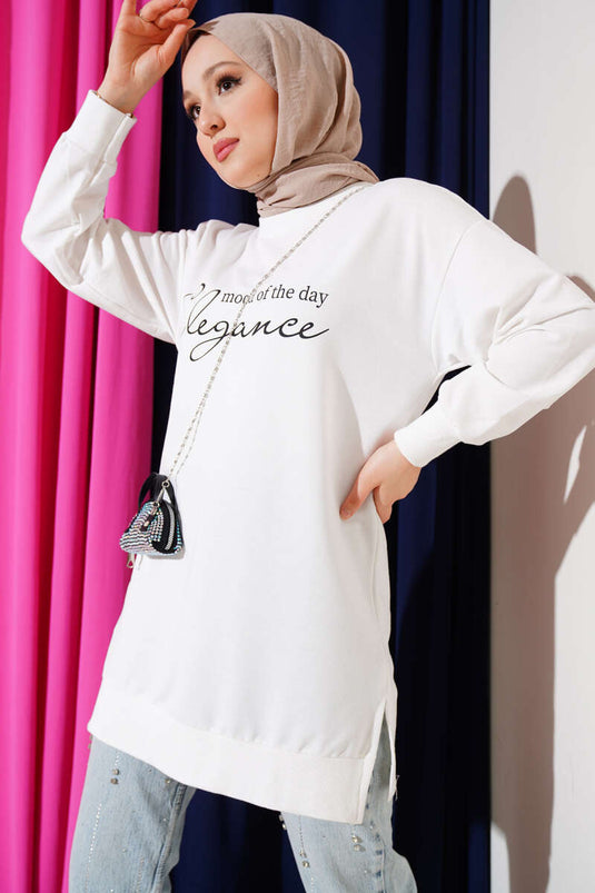 تونيك أنيق مطبوع بخيطين باللون الأبيض