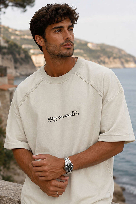 Enjeksiyon Baskılı Salaş Erkek T-shirt Bej