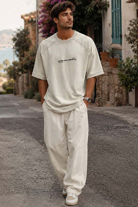 Enjeksiyon Baskılı Salaş Erkek T-shirt Bej