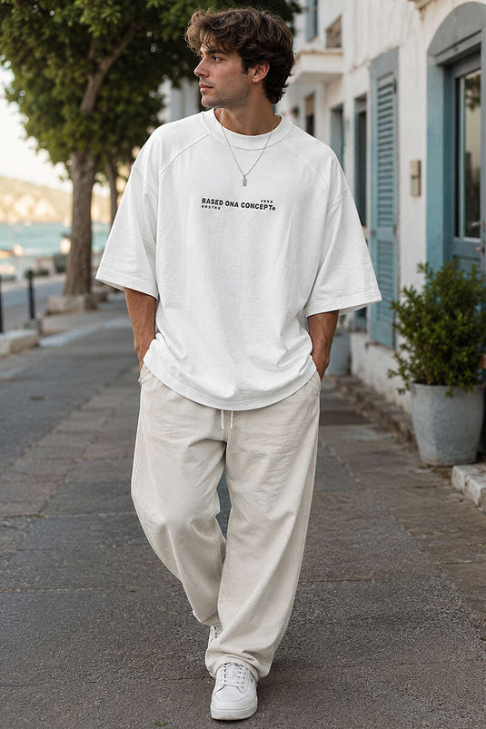 Enjeksiyon Baskılı Salaş Erkek T-shirt Beyaz