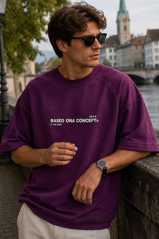 Enjeksiyon Baskılı Salaş Erkek T-shirt Mürdüm