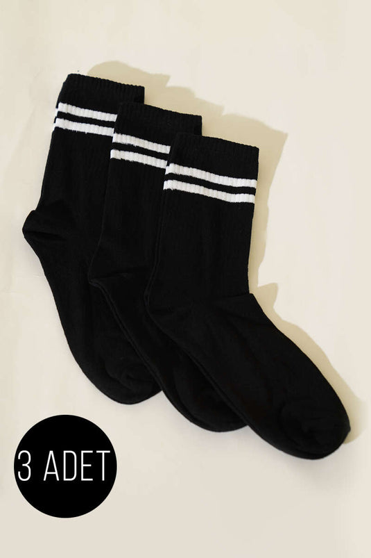 3er-Pack Herren-College-Socken, gerippt und gestreift, schwarz