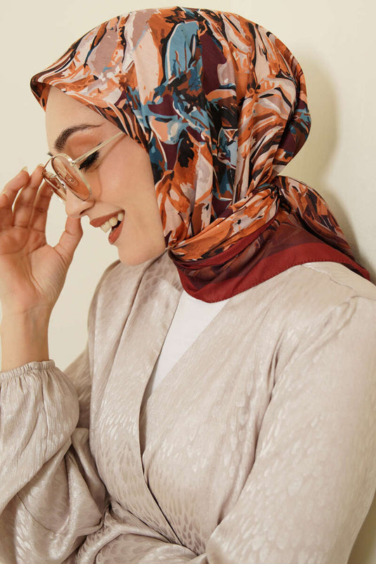 Sketch Flower Pattern Scarf Brick Red