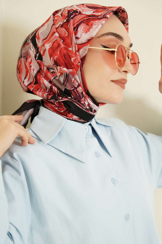 Sketch Flower Pattern Scarf Black Burgundy