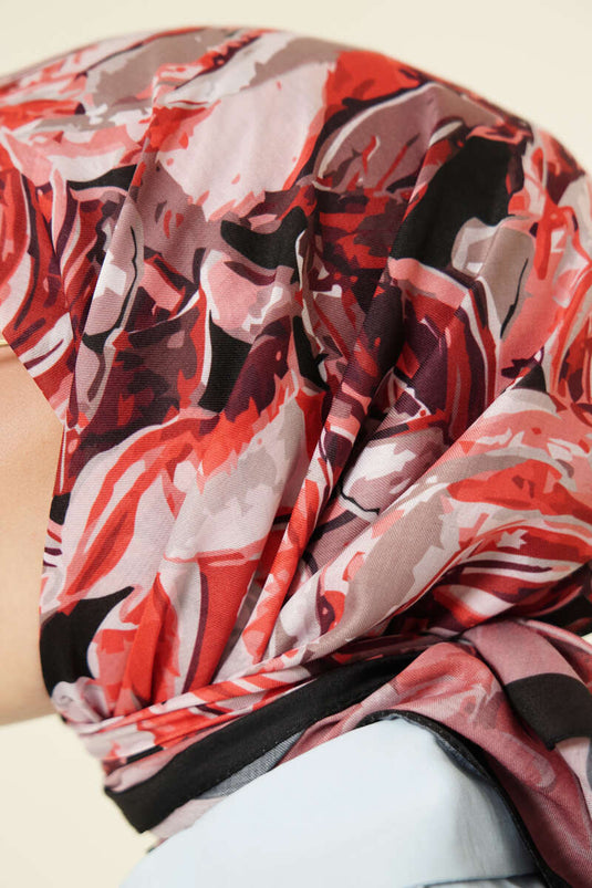 Sketch Flower Pattern Scarf Black Burgundy