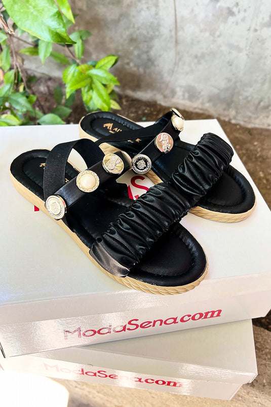 Sandales-chaussons à bride flexible et boucle en perles, noires