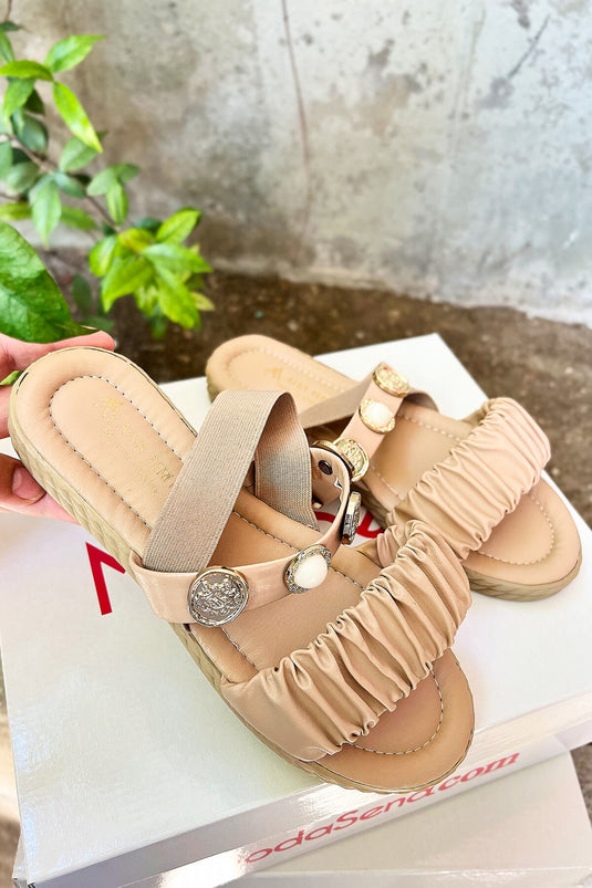 Flexible Strap Pearl Buckle Detailed Sandal Slippers Mink