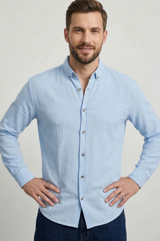 Chemise homme en tissu étamine bleu