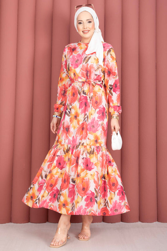 Fuchsia Patterned Dress with Gathered Hem and Belt