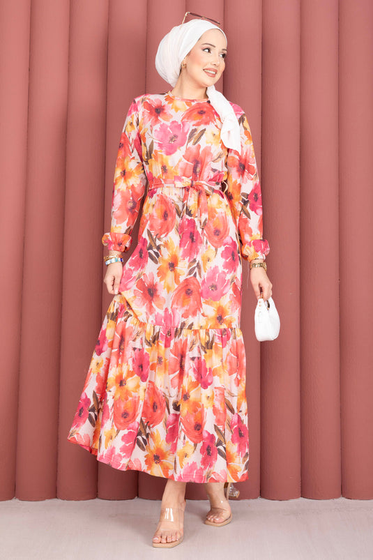 Fuchsia Patterned Dress with Gathered Hem and Belt