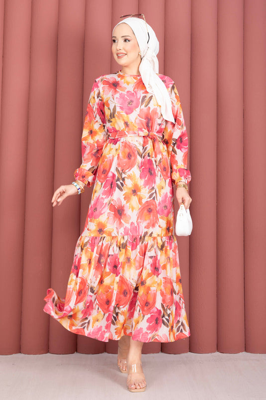 Fuchsia Patterned Dress with Gathered Hem and Belt